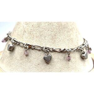 Silver Tone Charm Bracelet With Heart & Purple Beads